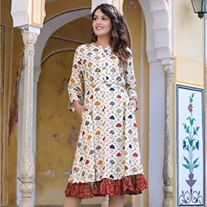 Women’s Anarkali Frock Dress Embroidered Beaded Ruffle Pockets Ethnic Boho India